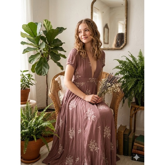 Sadie & Sage Dresses & Skirts - Sadie & Sage Womens Maxi Dress Small Mauve Cottagecore Floral Embroidered V-Neck